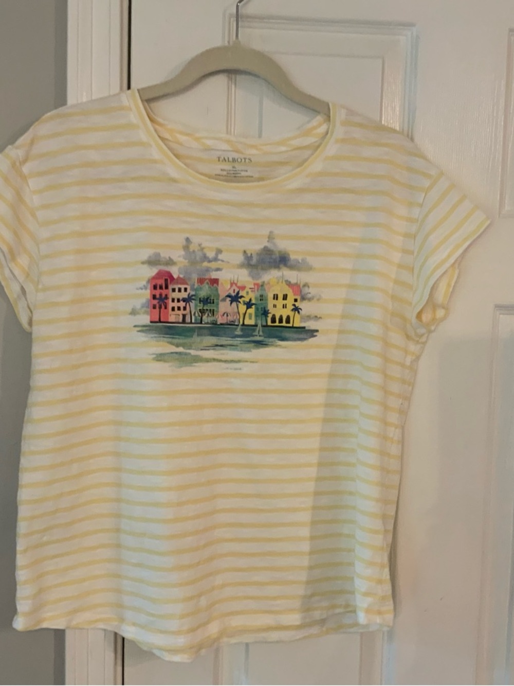 Talbots Yellow and White Striped Tee with Colorful Island Motif
